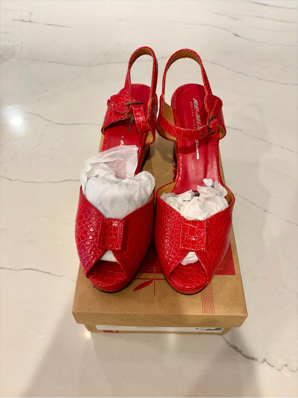 Re-Mix Vintage Shoes Red Embossed Croc Women's Open-Toe Slingback Sandals